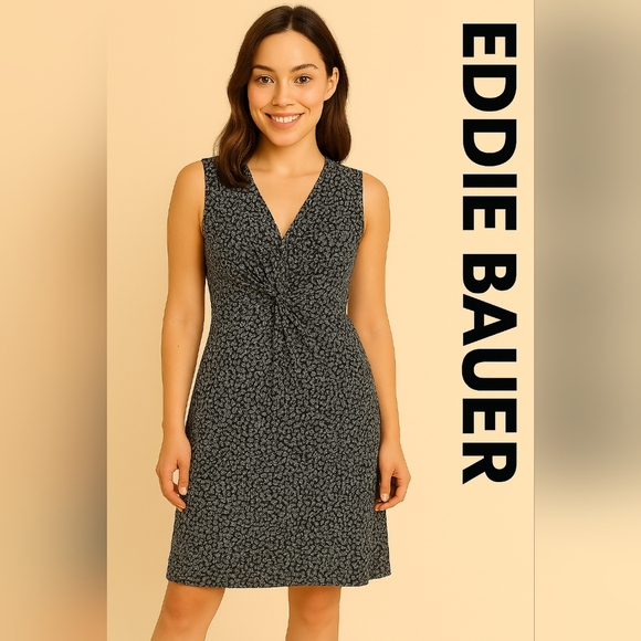 Eddie Bauer Black and White Ruched Tie Front Sheath Summer Dress (#798) - Picture 1 of 8